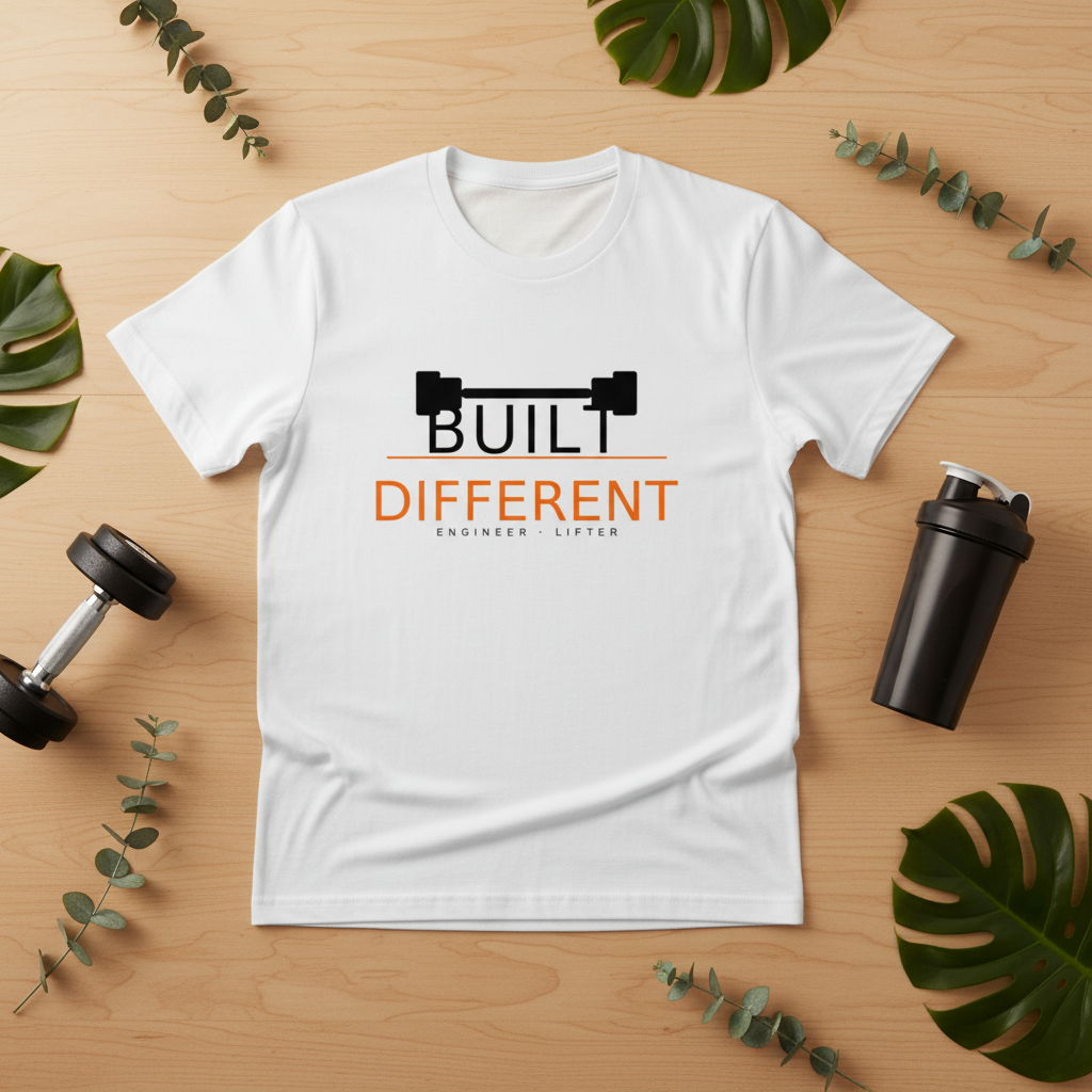 Unisex Standard Crew T-Shirt - Built Different Engineer Lifter lifestyle flat lay on wooden surface